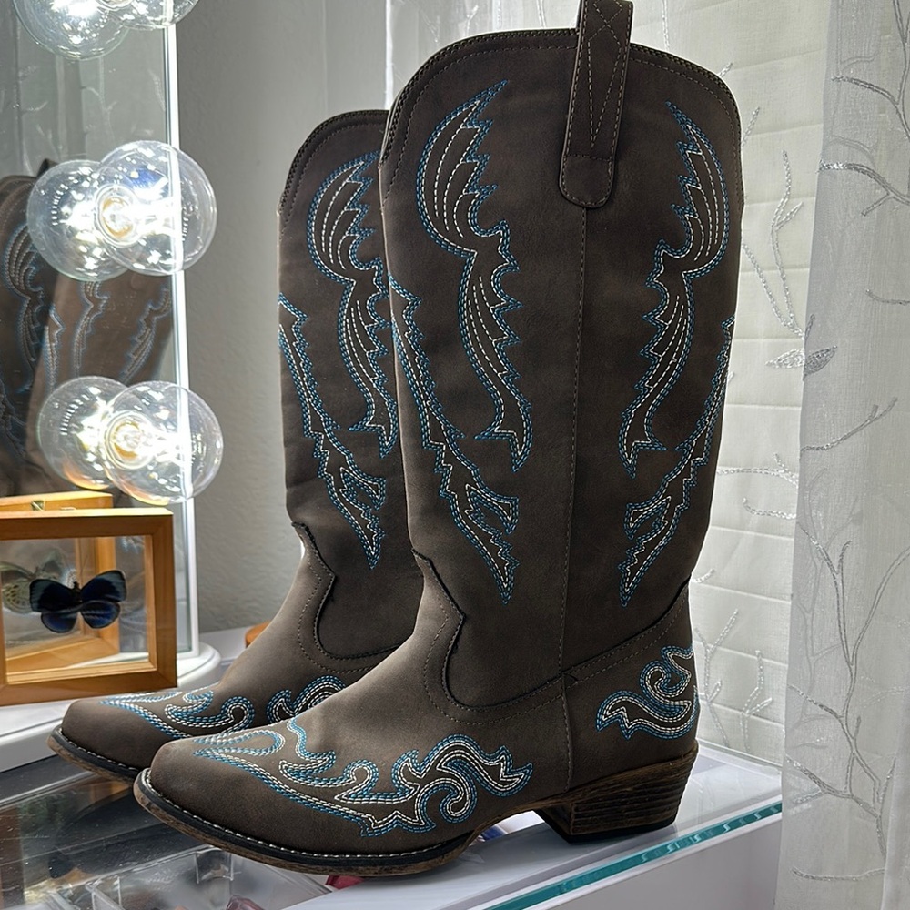 Brown and Blue Over the Knee Boots with Western Style